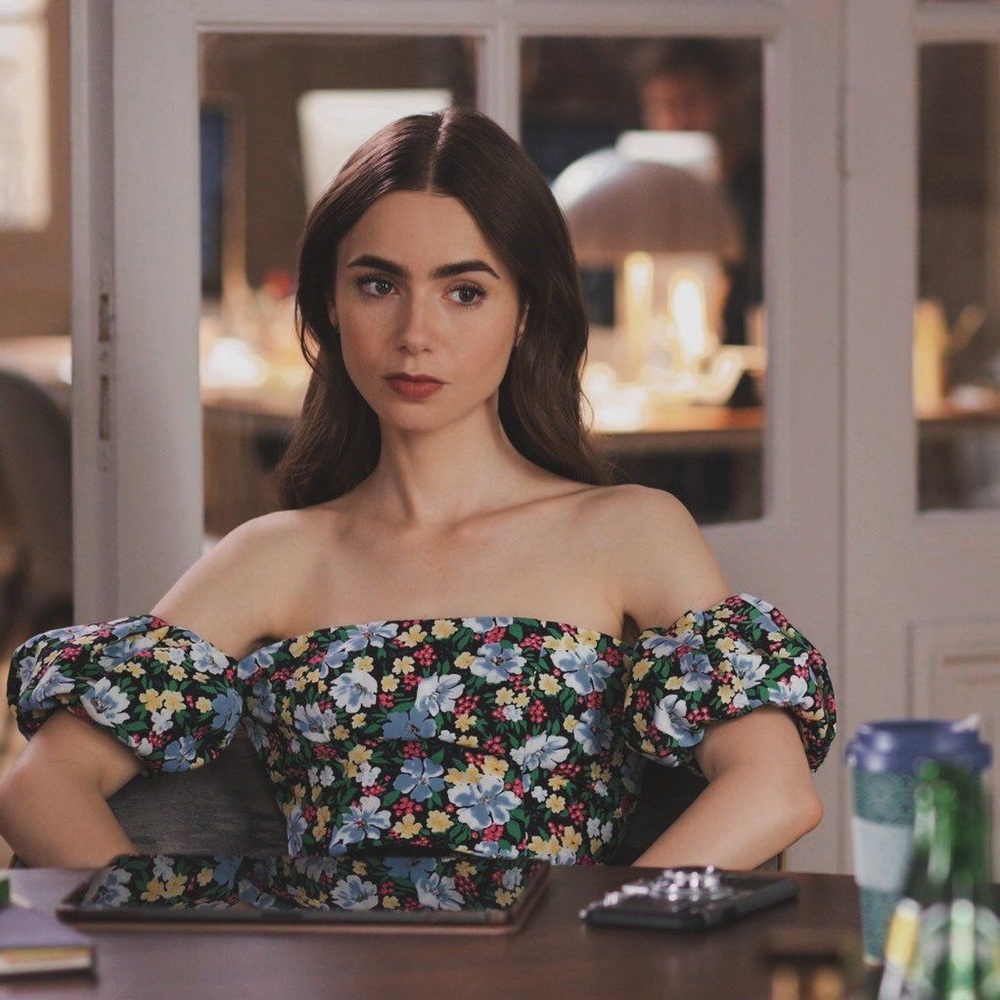 Maje Rapy Off the shoulder foral print mini dress Emily in Paris